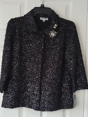 M Collection Black Sparkle Tweed Jacket with Decorative Brooch Size P/M